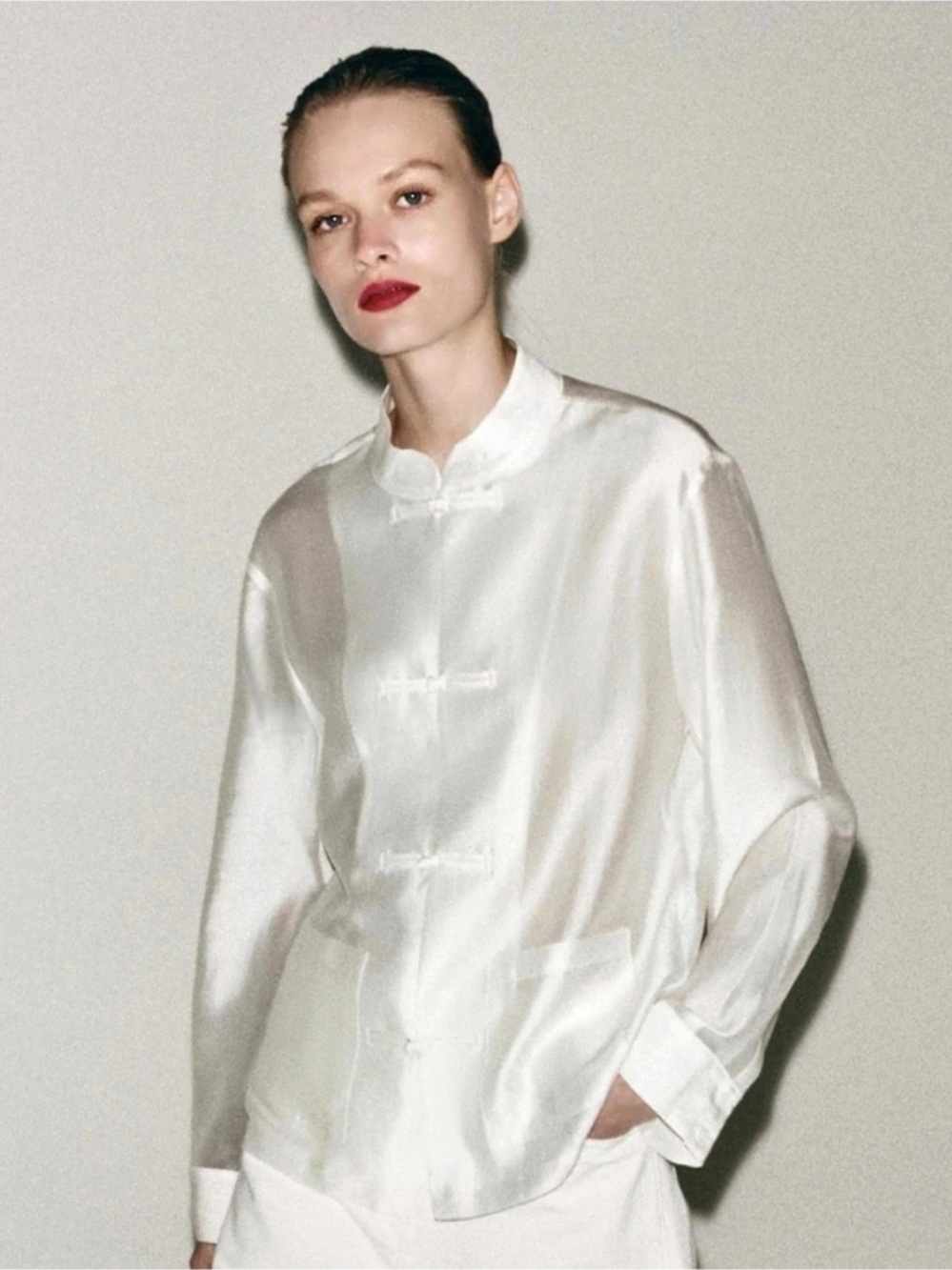 Zara ZW Collection Satin Effect Frog Clasp Shirt White